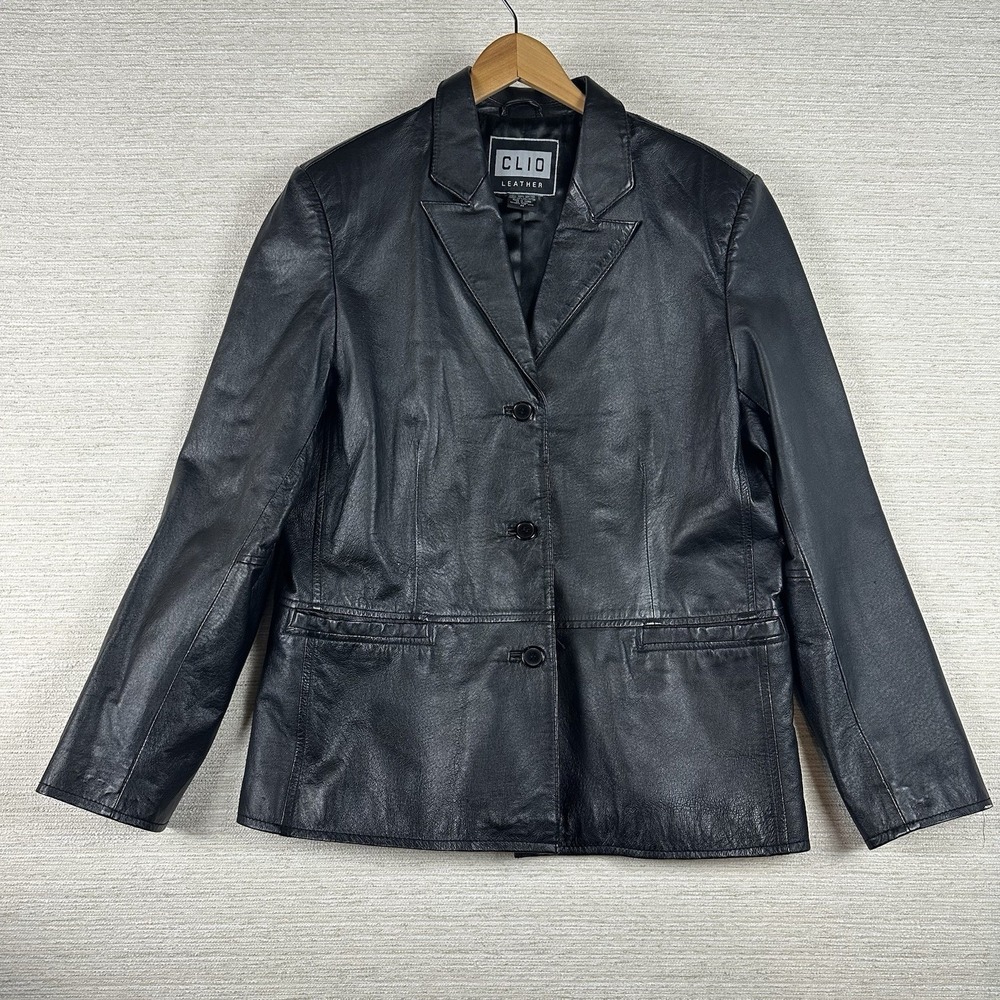 CLIO Leather Jacket Black Leather Collared Buttons Pockets Lined Size M